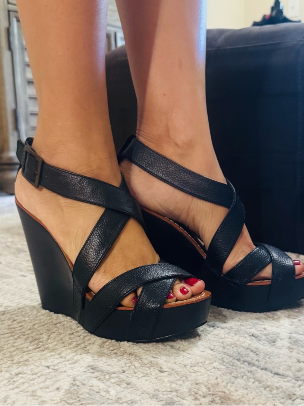 Ralph Lauren Black Leather Wedge Sandals 8